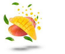Water Splash On Fresh Mango With Leaves Isolated On Transparent Background (.PNG)