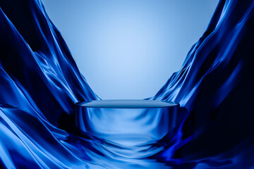 Wall Mural - 3d render platform and natural podium background on glowing blue mountain cave with light at night f