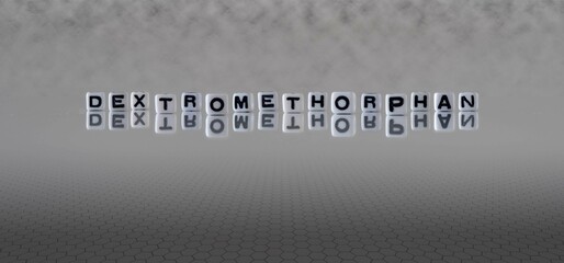 Poster - dextromethorphan word or concept represented by black and white letter cubes on a grey horizon background stretching to infinity