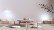 Minimalist Tea ceremony room in bleached and beige tones, japanese style. Table and chairs, tatami mats, meditation zen space. Japandi interior design
