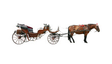 Brown Horse And Old Classic Open Carriage Coach Isolated