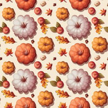 Seamless Pattern With Pumpkins, Apples And Autumn Leaves. Autumn, Harvest, Thanksgiving Day, Fall Concept. Vector Illustration. Perfect For Product Design, Wallpaper, Scrapbooking.