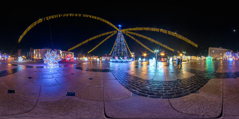 Wall Mural - full seamless night panorama 360 degrees angle view on night square with christmas tree on new year 
