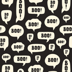 Poster - Abstract seamless pattern with  halloween design of  speech bubble and word BOO on black background. Black and white colors. Vector illustration