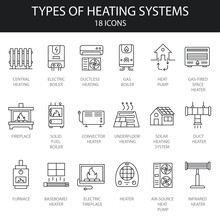 Set Of 18 Types Home Heating System Linear Icons . Thin Line Contour Symbols. Boilers, Radiators, Gas, Electric, Solid Fuel, Fireplace, Solar Boilers, Air Conditioning. Editable Stroke