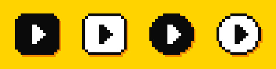 Set of pixel play buttons. Video audio player. 8-bit video game style. Vector illustration