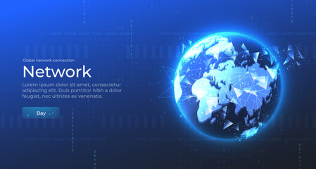 Poster - vector. planet earth from space. flickering lights of cities. map of the mainland. global communicat