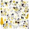 Doodle character vector illustration. Various people doing activities in public park, recreation, relax, spend leisure time outdoor. Outline, thin line art, linear, hand drawn sketch design. 