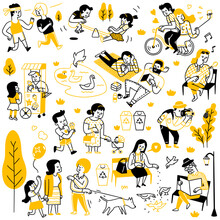Doodle Character Vector Illustration. Various People Doing Activities In Public Park, Recreation, Relax, Spend Leisure Time Outdoor. Outline, Thin Line Art, Linear, Hand Drawn Sketch Design. 