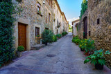 Fototapeta Uliczki - Beautiful alley with old stone houses and pots on the street with plants and flowers, Monells, Girona, Catalonia.