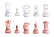 Set of hand drawn sketch chess pieces on a white background. Chess. Checkmate. King, Queen, Bishop, Knight, Rook, Pawn