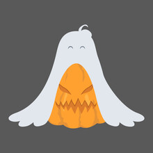 Illustration Of A Halloween Pumpkin With A Carved Displeased And Angry Face. The Pumpkin Is Dressed As A Ghost With A Cute Face. Vector Isolated On Grey Background