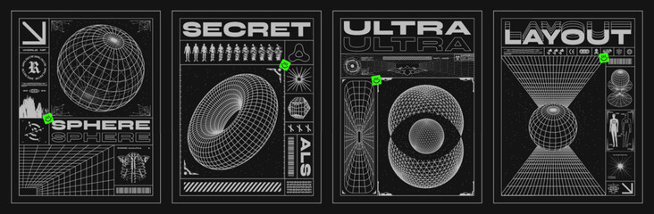 Wall Mural - retro futuristic posters with 3d wireframes of spheres and torus. with perspective grid, space, and 