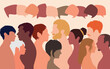© Hope - People talking in a crowd. Vector cartoon character profiles. Speech bubbles and communication between people. A diverse group of people in dialogue.