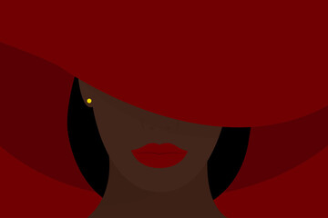 A young African American woman with black hair wearing a wide-brimmed red hat covering her face. Black strong girl on a red background, front view. Vector illustration