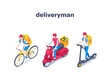 isometric vector illustration on a white background, a delivery man on a bicycle and also on a moped and a scooter, delivering goods around the city
