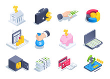 Isometric Vector Illustration On A White Background, A Set Of Icons On The Theme Of Bank And Finance, A Piggy Bank And A Safe, As Well As A Calculator And A Business Briefcase With Money