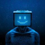 Fototapeta Miasto - Smiling gamer artificial intelligence - 3D illustration of dark pixel smile faced male robot figure with computer monitor head on abstract computer circuit board background