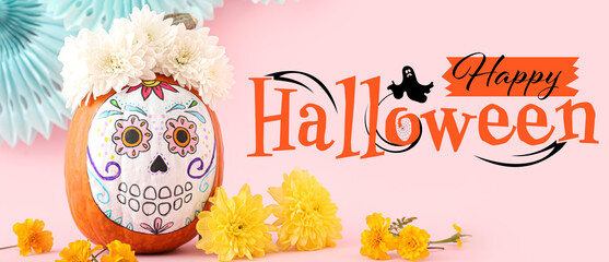 Sticker - Pumpkin with painted skull and flowers on pink background. Happy Halloween