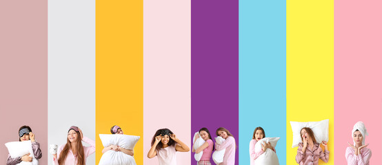 Wall Mural - Collage of pretty women in pajamas, with pillows and sleep masks on colorful background