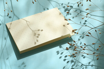 Wall Mural - blank doted card mockup with dry flowers, natural sunlight and shadows on blue paper background