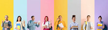 Collage Of Students On Color Background