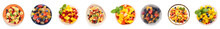 Set Of Delicious Fruit Salads On White Background, Top View