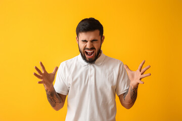 Poster - Portrait of stressed angry bearded man on yellow background