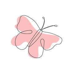 Wall Mural - Butterfly drawn with single line with pink color spot. Minimalism. Vector illustration.