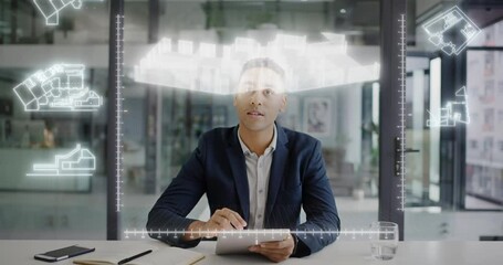 Poster - Vr, ai infographic and 3d metaverse architect on tablet with typing businessman in a office. Futuristic web design, global digital and creative internet on blueprints, building plans technology