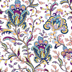 Wall Mural - Jacobean embroidery floral seamless pattern. Fantasy baroque print with leaves and tulip flowers. Hand drawn oriental tiles. Vector laced decorative background. Floral paisley textile.