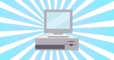 Aufkleber - Animation motion loop design of an old retro hipster personal computer with a monitor from the 90s, 80s, 70s against the background of the effect of blue abstract sun rays in high resolution 4k