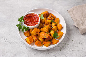 Traditional Spanish potato, patatas bravas with smoked paprika, spicy tomato sauce and parsley in a white bowl on gray stone background, top view. Delicious homemade food