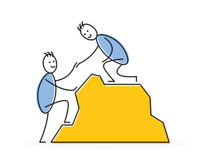 Aufkleber - Man giving a helping hand symbol. Stickman getting help by a friend to climb or hike up a mountain. Teamwork concept vector illustration.