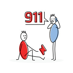 Aufkleber - Stickman got accident and hurt so his friend calling 911 for help. Emergency call symbol vector illustration.