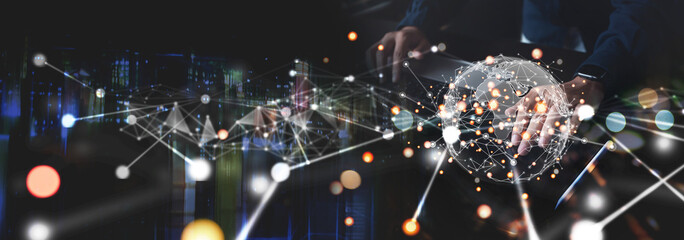 Poster - businessman using digital tablet with global digital network and internet network connection, social