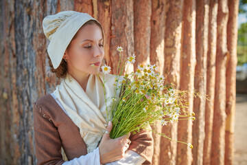 Poster - medieval woman with chamomiles