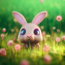 Cute Pink Bunny In Grass Field With Pink Flowers. 