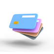 Credit card, floating coins around on transparent background. money-saving, cashless society concept. 3d render illustration