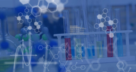 Poster - Image of medical data processing and chemical compound structures against scientific laboratory