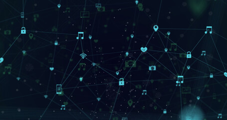 Poster - Image of network of connection and icons over blue background