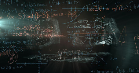 Digital image of mathematical equations, symbols and diagrams against green background