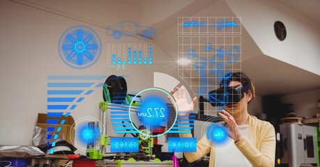 Poster - Digital interface with data processing against caucasian woman wearing vr headset at office