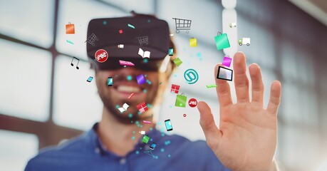 Poster - Composite image of multiple digital icons floating against caucasian man wearing vr headset