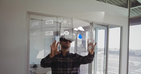 Poster - Composite image of digital interface with data processing against caucasian man wearing vr headset