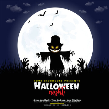 Halloween ghost scarecrow  with Zombie hand horror full moon background banner design.