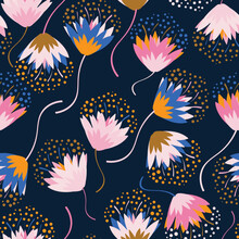 Dark Blue With Whimsical Pink Flowers With Light Blue And Orange Petals Seamless Pattern Background Design.