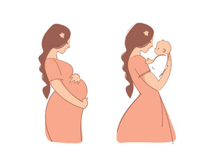 Wall Mural - Flat icon set for pregnant women and motherhood. Beautiful pregnant woman, mom hugs a newborn. Vector isolated on white. Pregnancy character, mother's day card.