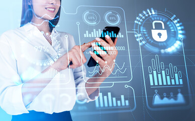 Poster - Businesswoman with smartphone, digital business chart with statistics