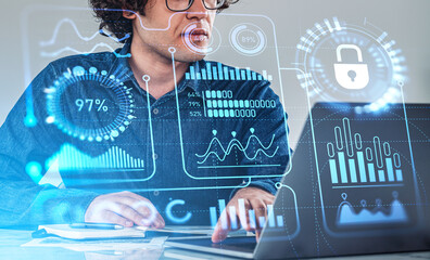 Poster - Businessman using laptop, big business data with digital diagrams with padlock